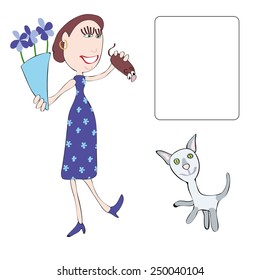 Image has several meanings. cat congratulates his mistress and the mistress may congratulate her cat. Or maybe she is shopping for her cat.