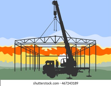 Image has three layers: crane, building and landscape. The building is collapsible. Crane be dismantled into 3 parts.