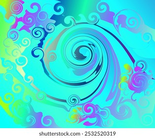 The image has a vibrant, swirling abstract pattern with a blend of colors like blue, green, purple, and yellow. "Vortex of Colors".