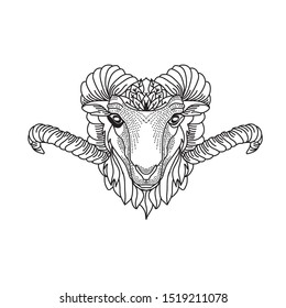 Image of head patterned goat. Ram Sheep. Tattoo designs. Can be used to design t-shirts, bags, postcards, posters and so on.