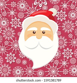 Image of the head of Santa Claus on a red background with snowflakes. Design elements for holiday cards. Vector illustration eps 10.