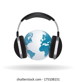 Image of headphones around a globe isolated on a white background.