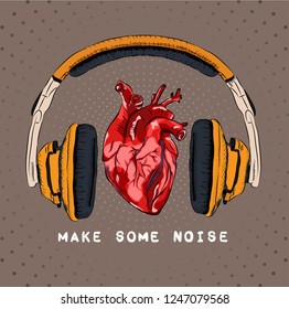 The image of the headphones and heart.Can be used for printing on T-shirts, flyers and stuff. Vector illustration.