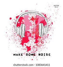 The image of the headphones on background of blots. Vector illustration.