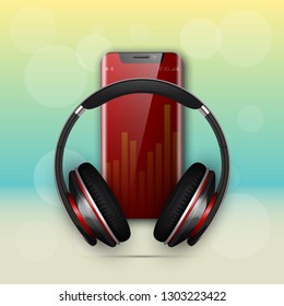 Image headphones on smartphone latest model background. Device for listening music on phone latest model background. Color stereo headphone for listening audio from phone. Banner earphones music party