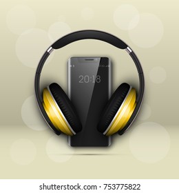 Image headphones on smartphone latest model background. Device for listening music on phone latest model background. Color stereo headphone for listening audio from phone. Banner earphones music party