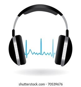 Image of headphones and sound wave isolated on a white background.