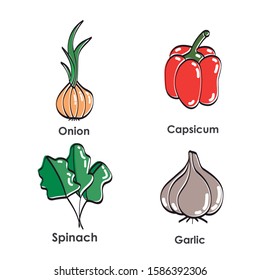 Image of healthy food made with thick stroke. Funny drawings of an onion, a capsicum, spinach and an garlic. Editable vector.