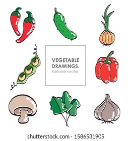 Image of healthy food made with thick stroke. Funny image of chilli, pickle, onion, capsicum, beans, mushrooms, spinach and garlic. Editable vector.