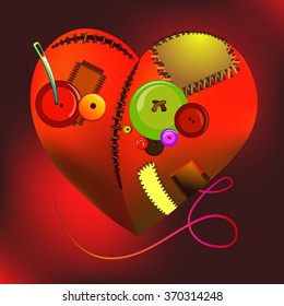Image heart from buttons, patches, thread and needle
