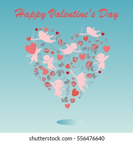 Image of the heart made of flowers and cupids. 