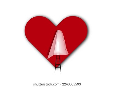Imagen de un corazón con una puerta abierta adentro. Hay una escalera para subir hasta la puerta.