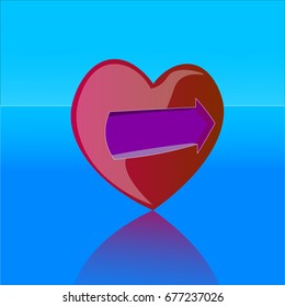 Image of a heart with a pointer on a background of a mirror surface and a blue sky.