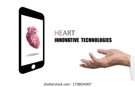 Image of heart technology on a smartphone system, low poly vector illustration.