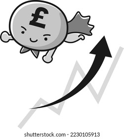 Imagen de un personaje de héroe de la libra monetaria (£) y una gráfica emergente (en blanco y negro)