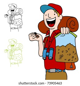 An image of a hiker with a bag of trailmix snack.