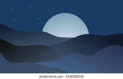 Image of hills on a beautiful night with a bright moon, abstract background in vector format, landscape, night sky, beautiful moon