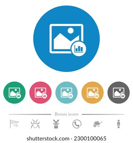 Image histogram flat white icons on round color backgrounds. 6 bonus icons included.