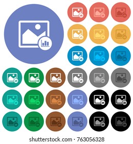 Image histogram multi colored flat icons on round backgrounds. Included white, light and dark icon variations for hover and active status effects, and bonus shades on black backgounds.