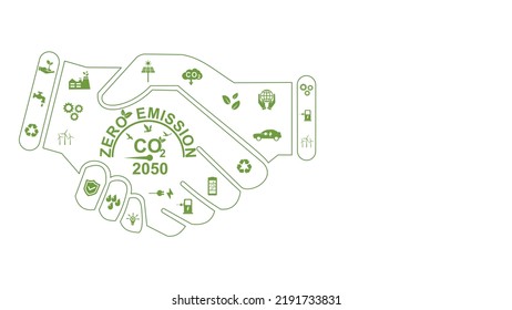 Image holding hands with the word zero emission icon on the back of the hand.  Zero emissions concept by 2050, long term strategy for net zero emissions target, no toxic gases (vector illustration)