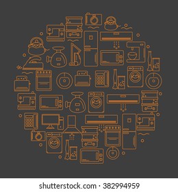 Image of home appliances located inside the circle on a dark background.