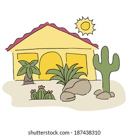An image of a home with desert landscaping.