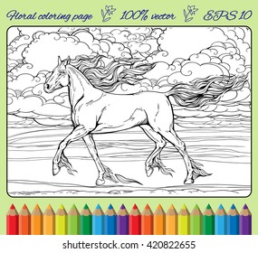Image of a horse with mane and tail of flames of fire. Coloring page in a frame.