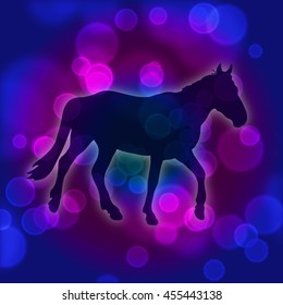 Image of horse silhouette on purple bokeh background. Art vector illustration