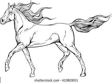 Image of a horse with waving mane and tail.