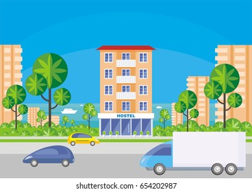 The image of hostel in a seaside resort in an environment of tropical plants. Vector background.