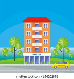 The image of hostel in a seaside resort in an environment of tropical plants. Vector background.