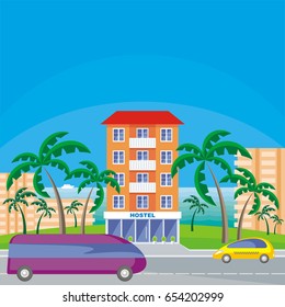 The image of hostel in a seaside resort in an environment of tropical plants. Vector background.
