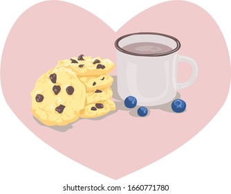 image of hot cookies with chocolate chips and a cup of hot cocoa with tender foam and blueberries in a large pink heart.
stock isolated illustration on white background for printing on postcards, webs