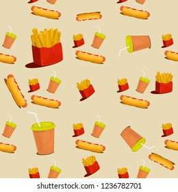The image of a hot dog. Fast food 3D on background. Decoration food. Texture of buns and sausages, drink in a cup, french fries