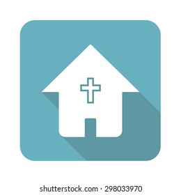 Image of house with christian cross in blue square, isolated on white