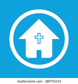 Image of house with christian cross in circle, isolated on blue