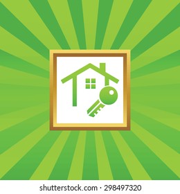 Image of house contour and key in golden frame, on green abstract background