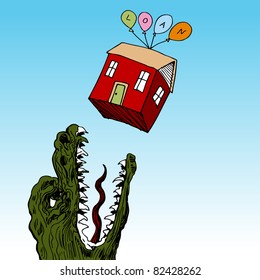 An image of a house floating above a hungry monster.