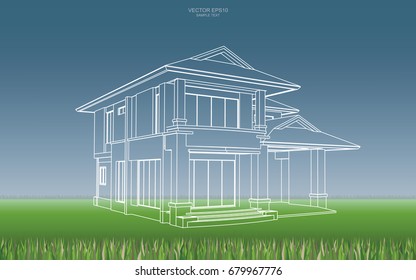 Image Of House In Green Natural Area. Vector Wireframe Perspective 3D Render Of A Building.