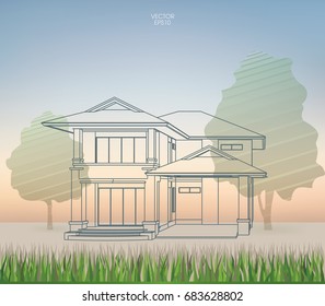 Image of house in green natural area. Vector wireframe perspective 3D render of a building.