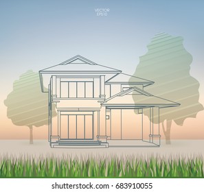 Image of house in green natural area. Vector wireframe perspective 3D render of a building.