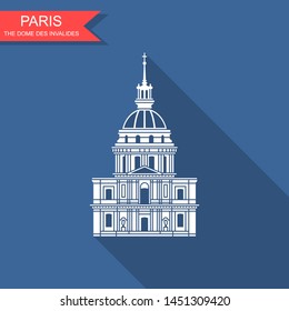 Image of the house of invalides in Paris, France. Flat icon with long shadow