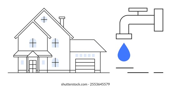 Image of a house with large windows and a garage beside a faucet with a blue water drop. Ideal for water conservation home energy efficiency environmental awareness plumbing services eco-friendly