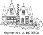 Image of a house and a plot of land ,sketch of a house, linart, abstraction, wall art ,coloring book for adults,black and white linear illustration ,vector.