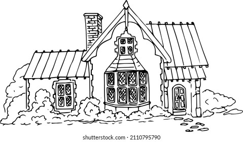 Image of a house and a plot of land ,sketch of a house, linart, abstraction, wall art ,coloring book for adults,black and white linear illustration ,vector.