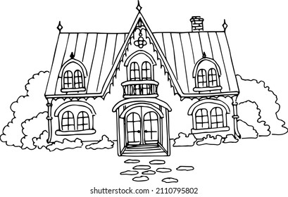 Image of a house and a plot of land ,sketch of a house, linart, abstraction, wall art ,coloring book for adults,black and white linear illustration ,vector.