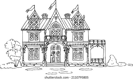 Image of a house and a plot of land ,sketch of a house, linart, abstraction, wall art ,coloring book for adults,black and white linear illustration ,vector.