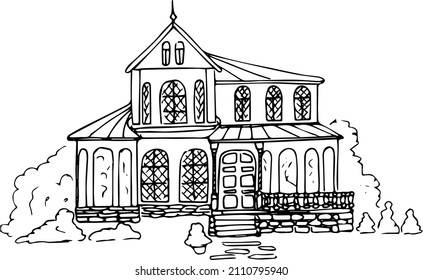 Image of a house and a plot of land ,sketch of a house, linart, abstraction, wall art ,coloring book for adults,black and white linear illustration ,vector.