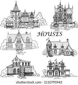 Imagen de una casa y de un terreno, boceto de una casa, linart, abstracción, arte mural, libro de colorear para adultos, ilustración lineal en blanco y negro, vector.