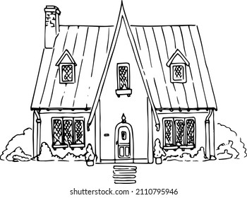 Imagen de una casa y de un terreno, boceto de una casa, linart, abstracción, arte mural, libro de colorear para adultos, ilustración lineal en blanco y negro, vector.